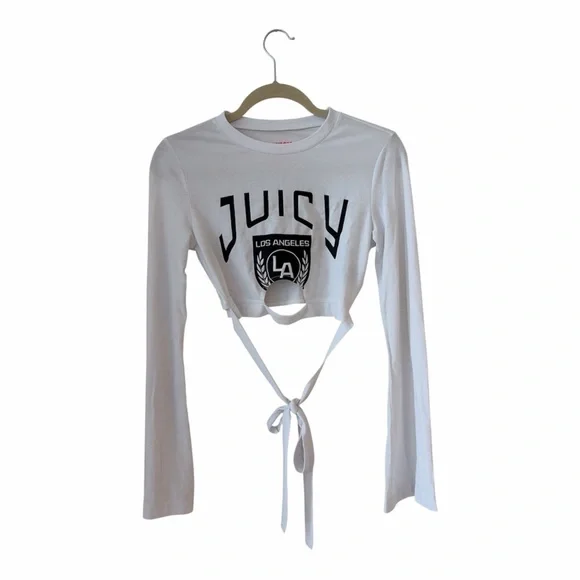 Juicy Couture Long Bell Sleeve Cut Out Wrap Crop Top NWOT Black White Shirt XS - Picture 5 of 17